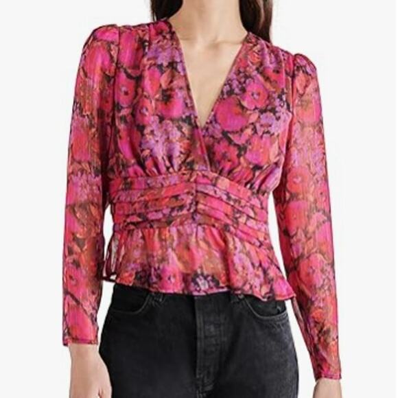 NWT Steve Madden Top Womens Size Medium Azura Sheer Fuchsia V Neck Long Sleeve - Picture 1 of 16